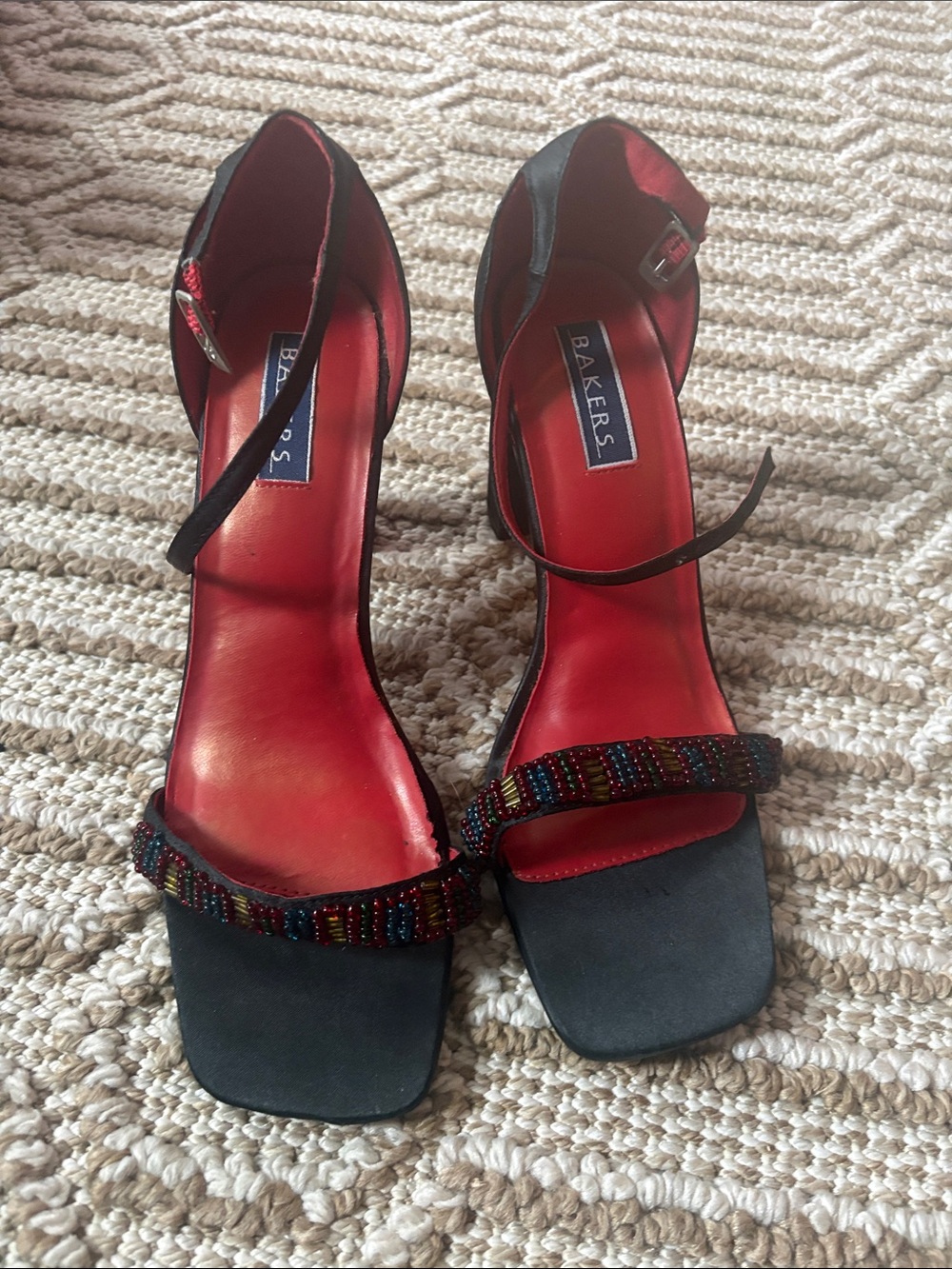 Vintage Bakers Black Heeled Sandals with Red Insole and Beaded Strap